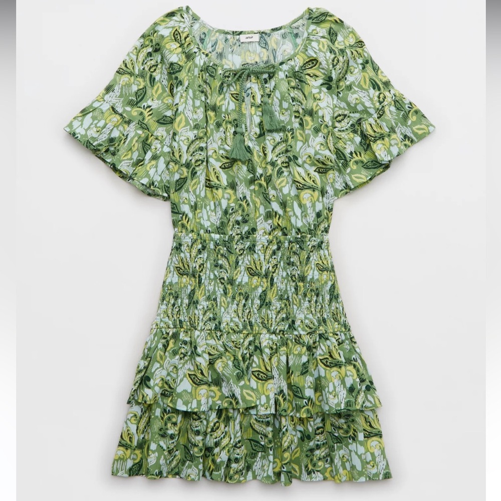 New Aerie Smocked Waist Mini Dress Size Medium Green Mission Flutter Sleeve